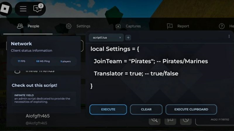 chọn tính năng " Execute" để mở Menu Redz Hub Script Redz Hub