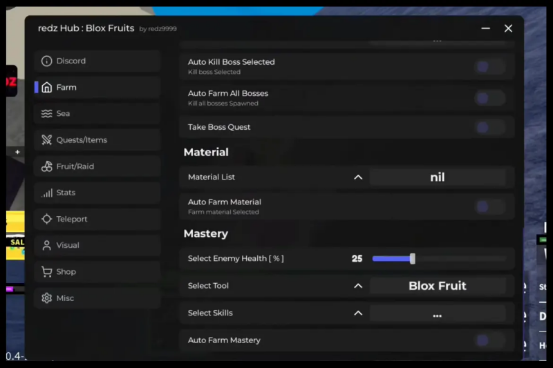 Chọn tính năng Mod của phiên bản hack Blox Fruit để trải nghiệm Script Redz Hub